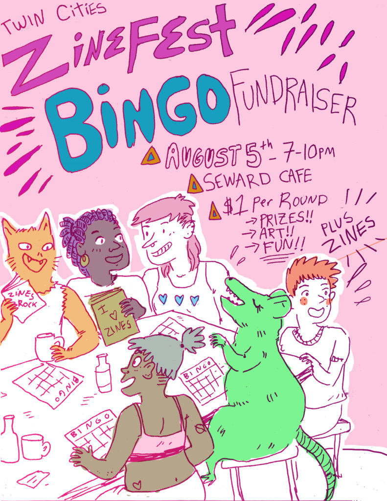 Colorful pink flyer by artist Anna Bongiovanni featuring bingo players both human and animal