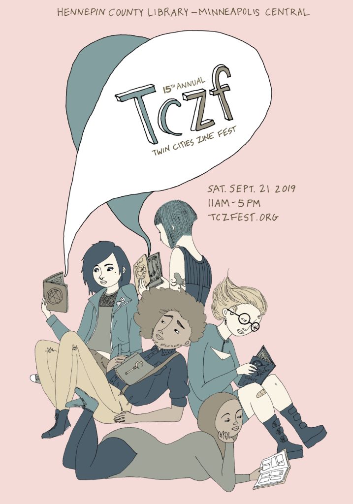 poster featuring five people reading zines and details about TCZF 2019, happening Saturday September 21