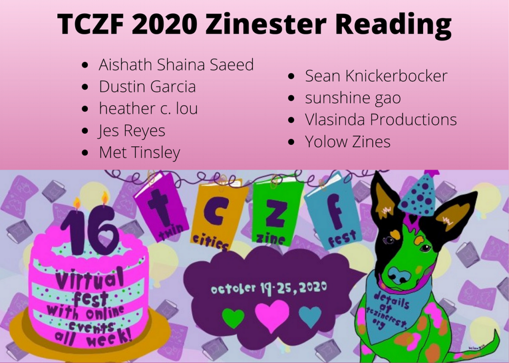 flyer showing the nine zinester and comics artists that are part of the Friday night zinester reading