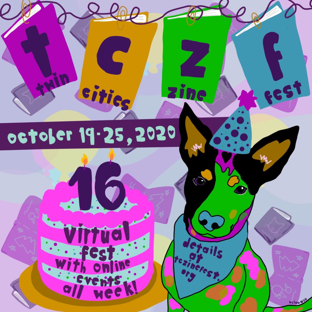 brightly colored poster celebrating 16 years of TCZF with a drawing of a dog wearing a party hat and a birthday cake