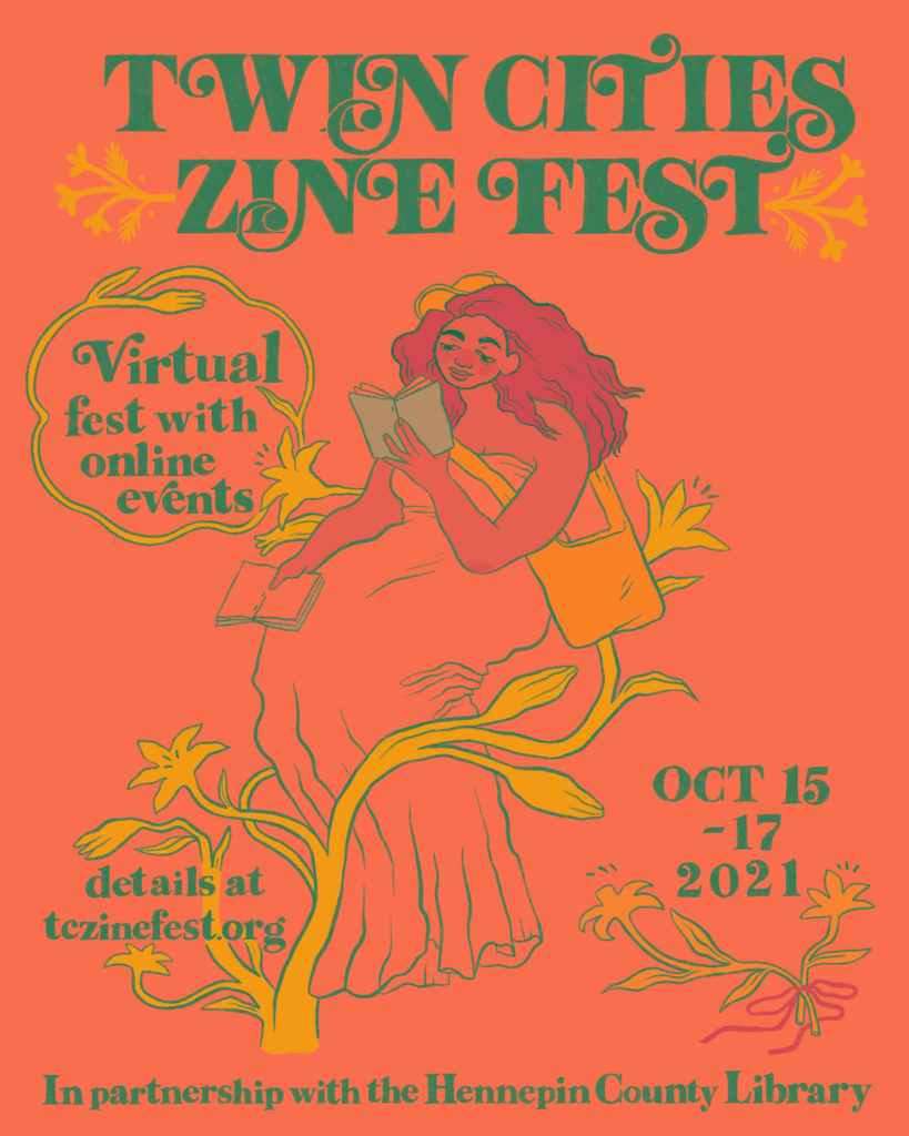 poster featuring a person with long hair and flowing dress reading zines