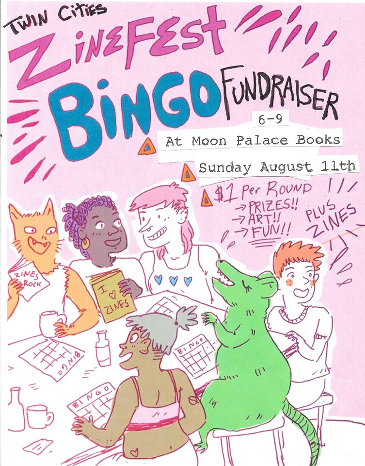 colorful drawing of people and animals playing bingo, along with details about TCZF 2019 bingo
