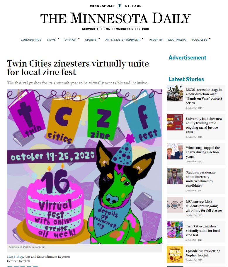 screenshot of the article featuring the 2020 TCZF artwork, which includes a colorful birthday cake and dog with a fun birthday hat